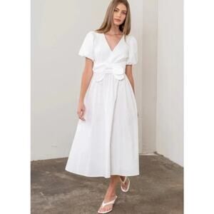 NWT Moon River White Poplin Bow Puff-Sleeve Dress Size Large